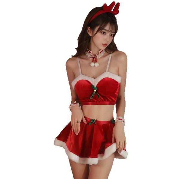 Sexy rudolph-themed christmas outfit with red velvet bralette and skirt, perfect holiday sleepwear for women