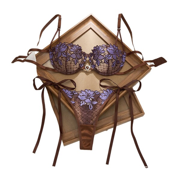 Russian lace sheer lingerie set – purple floral bra & panty with brown ribbons on wooden frame