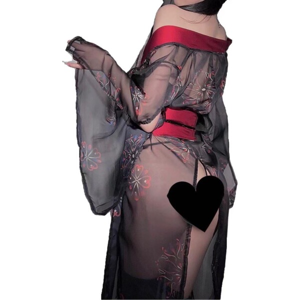 Sexy japanese-style lingerie set featuring sheer kimono robe with floral patterns, open-front design, perfect for adults.