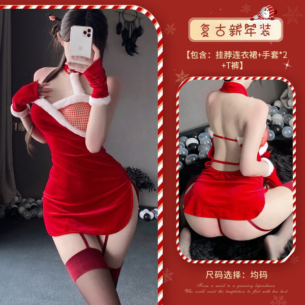 Red Lingerie Set 2025 New Year Outfit - Sexy Christmas Costume Sleepwear for Small Bust & Plus Size Women - S12 Red + W19 Red Trim Black Stockings