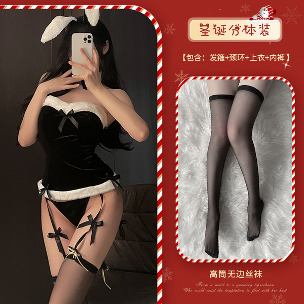 Xianyi Sexy Christmas Bunny Costume Set - Seductive Holiday Lingerie Outfit for Women, Festive Naughty Dress - S13 Black + W1 Black