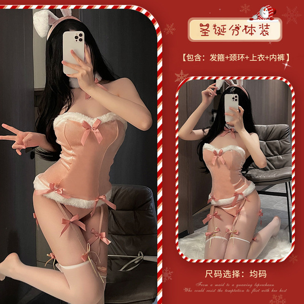 Xianyi Sexy Christmas Bunny Costume Set - Seductive Holiday Lingerie Outfit for Women, Festive Naughty Dress - S13 Pink + W1 White