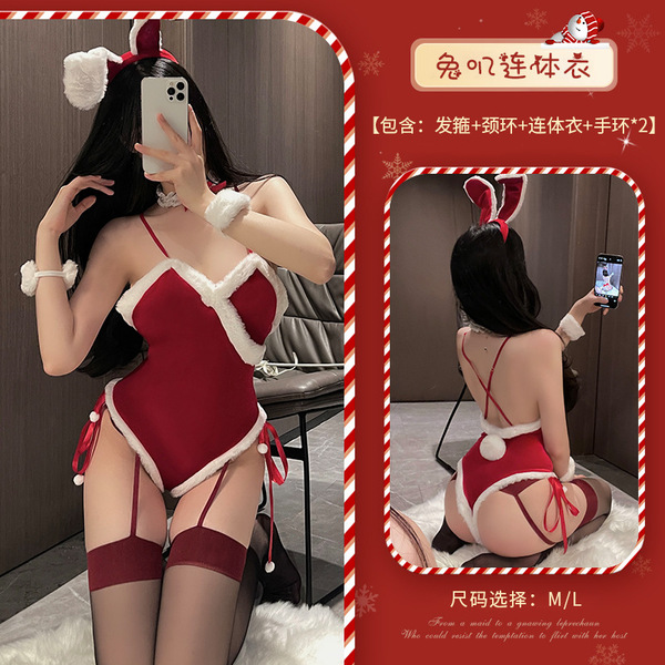 Xianyi Sexy Christmas Bunny Costume Set - Seductive Holiday Lingerie Outfit for Women, Festive Naughty Dress - S23 outfit + W19 red-trimmed black stockings