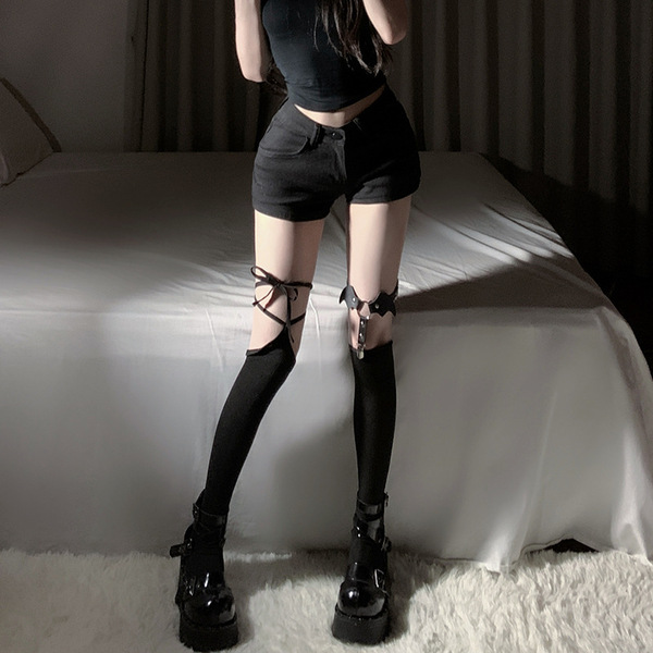 Genuine Cloud Lingerie SexyJK Knee-High Socks with Punk Leg Cuffs & Crisscross Straps - S49 Personalized JK Stockings [Includes Cat Leg Rings]