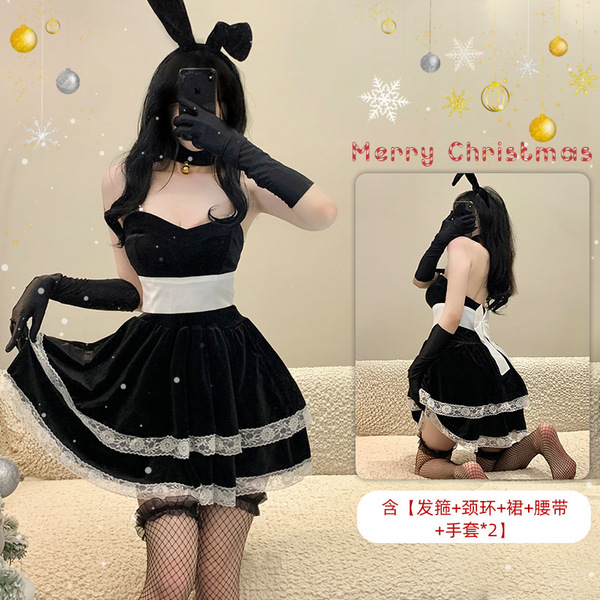 Red Lingerie Set 2025 New Year Outfit - Sexy Christmas Costume Sleepwear for Small Bust & Plus Size Women - S8 Black + W7 Black + P5 White
