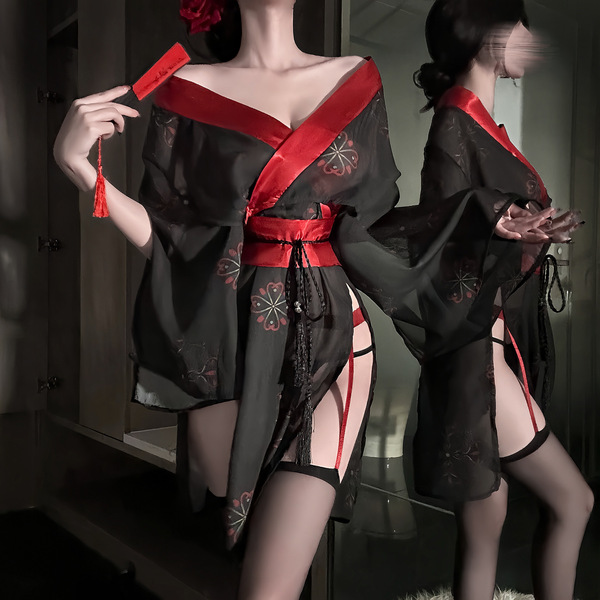 Chao Mu Sensual Kimono-Inspired Lingerie - Sakura-Themed Sheer Sleeve Dress with Side Slit & Cut-Out Details - Japanese style cherry blossom rain kimono + black fishnet stockings