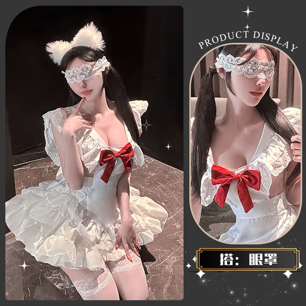 JinXiao Soft & Playful Lingerie Set - Bowknot Maid-Inspired Pure-Yet-Sensual Lolita Erotic Underwear for Women - Cherry Blossom and Jasmine Knot ~ [Apron + Tutu + Eye Mask]