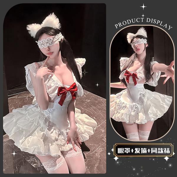 JinXiao Soft & Playful Lingerie Set - Bowknot Maid-Inspired Pure-Yet-Sensual Lolita Erotic Underwear for Women - Cherry Blossom and Jasmine Knot ~ [Apron + Tutu + Eye Mask + Headband + Matching Socks]