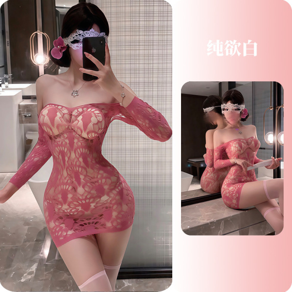YueDie Seductive Lingerie Set - OL Style Pure & Tempting Bodycon Dress with Lace Stockings - 2604 Cherry Blossom Pink ◆ Rose Beauty ◆ [Mesh Clothing Item]
