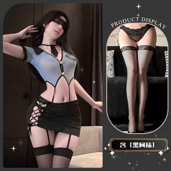 Flirty Lace Nursing Bra Set with Front Clasp & Sheer Stockings - Secretary Style Uniform Outfit - Sea salt clams + black fishnet stockings