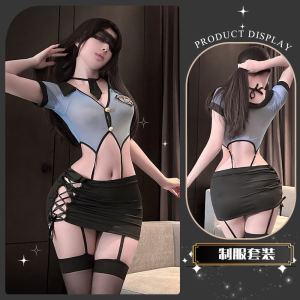 Flirty Lace Nursing Bra Set with Front Clasp & Sheer Stockings - Secretary Style Uniform Outfit - Sea salt clam clam ~ [Top + Skirt + Bow Tie + T-shirt]