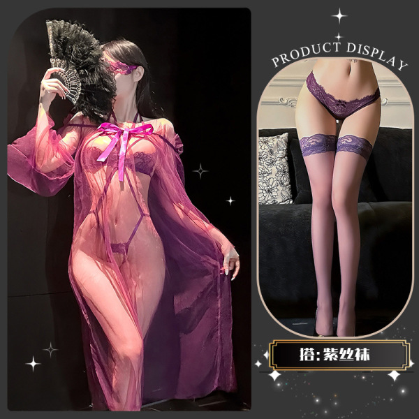 Sensual Lace Lingerie Set with Sheer Mesh & High-End Stockings – Sexy, Playful, Wearable Elegance - Shasha Tea Talk ~ + Purple Stockings