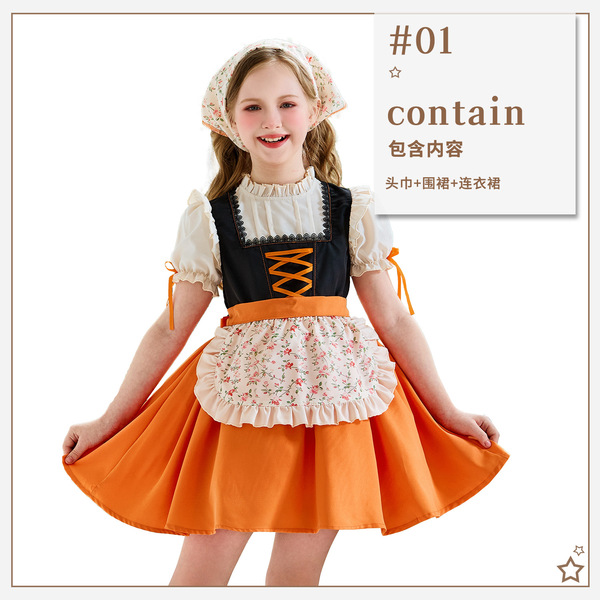 Bavarian Children's Dirndl Dress - Oktoberfest Bavarian Girl Costume, Lolita Farmhouse Style Dress for Girls - headscarf + apron + dress