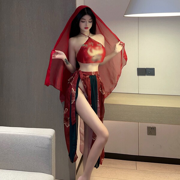 Vintage Chinese-Style Sexy Bodice Set with Sheer Mesh & Ties - Lingerie Sleepwear Ensemble for Women - [Shawl + Bellyband + Gauze Skirt + T-shirt]