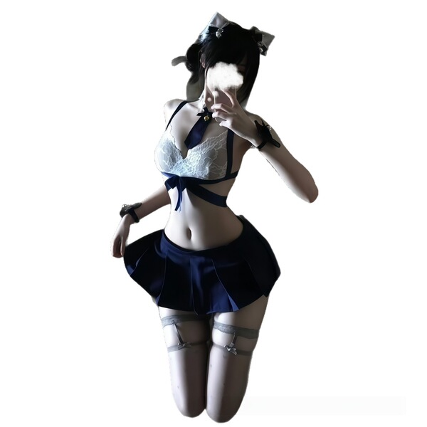A stylish schoolgirl jk uniform lingerie set featuring a navy blue pleated skirt, white lace bra with bows, and thigh-high st...