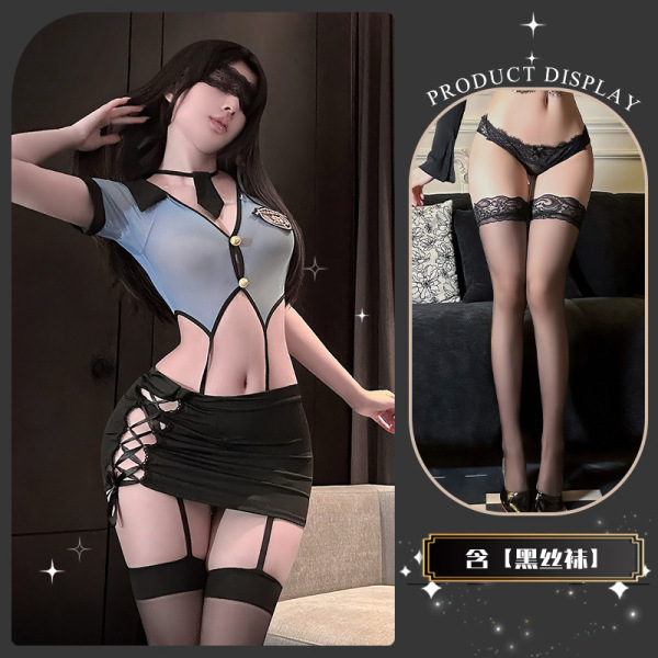 Flirty Lace Peek-A-Boo Lingerie Set with Front Snap Closure & Sheer Stockings – Secretary Style Outfit - Sea salt clams + black stockings