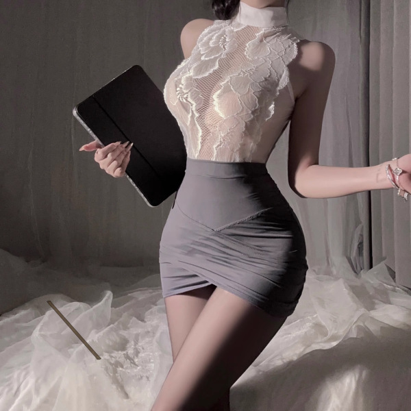 QQNY Pure & Tempting Lingerie Set - Secretary Style Lace Sleepwear with Pencil Skirt, Sexy Women's Costume Outfit - Secretary + Black Fishnet Stockings