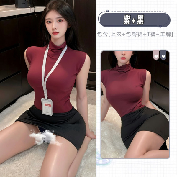 Premium Seductive Secretary Skirt Set - High-Waisted Bodycon Office Uniform Lingerie Outfit, No-Remove Design - Secretary purple + black + open-crotch bodysuit + vibrator + hand slap