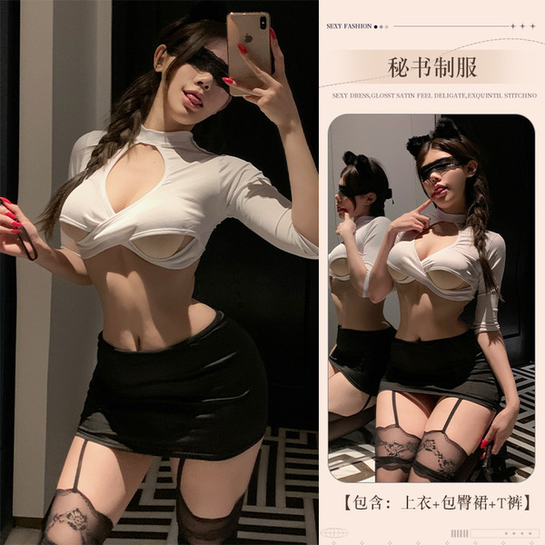 QQNY Seductive Secretary Outfit - Pure & Playful Lingerie Set for Women, Sexy Costume Uniform - Secretary [Top + Pencil Skirt + Thong] + Matching Stockings