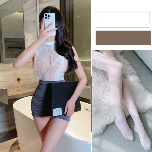 Pure & Seductive Lingerie Set - Modest Yet Sexy Secretary Skirt Outfit, No-Remove Cosplay Sleepwear - Secretary + White Stockings