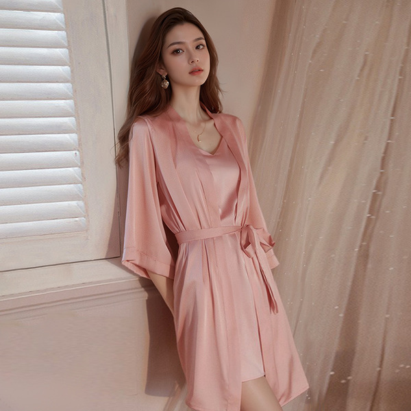 Seductive ice silk backless sleepwear set - sexy lingerie nightgown & robe, no-remove passion outfit, european style