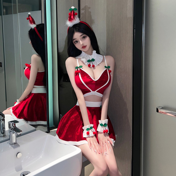 Seductive lace bodysuit dress - holiday-themed naughty lingerie set for new year & christmas, featuring festive cherries and ...