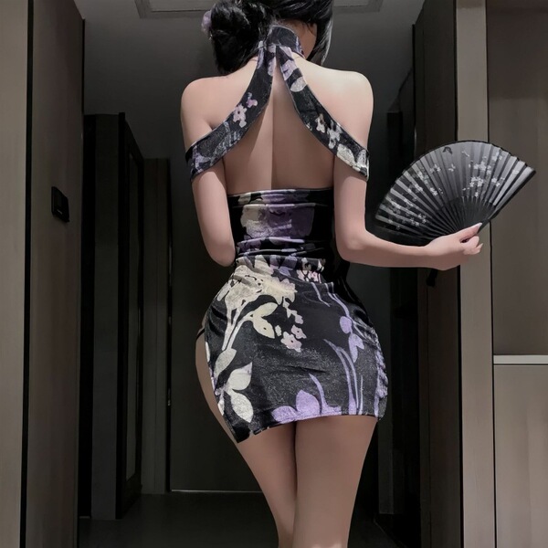 Seductive lace cheongsam lingerie featuring high-slit backless halter design, perfect for pure temptation with elegant floral...
