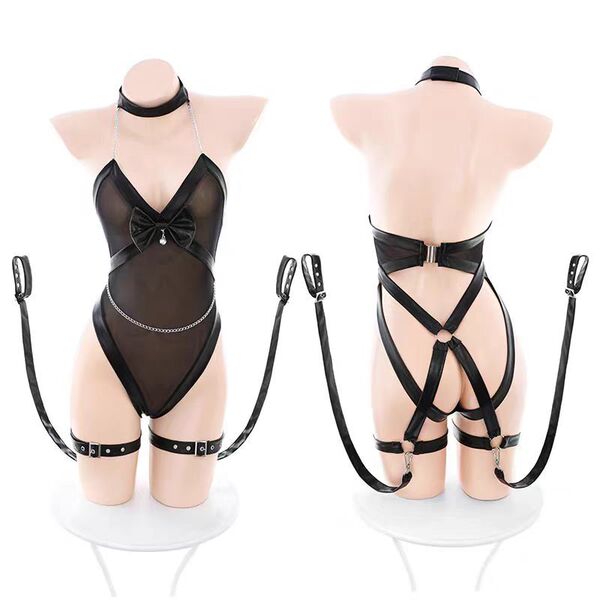New seductive lace mesh bodysuit with sheer pantyhose - sexy bondage-inspired latex-look intimate wear