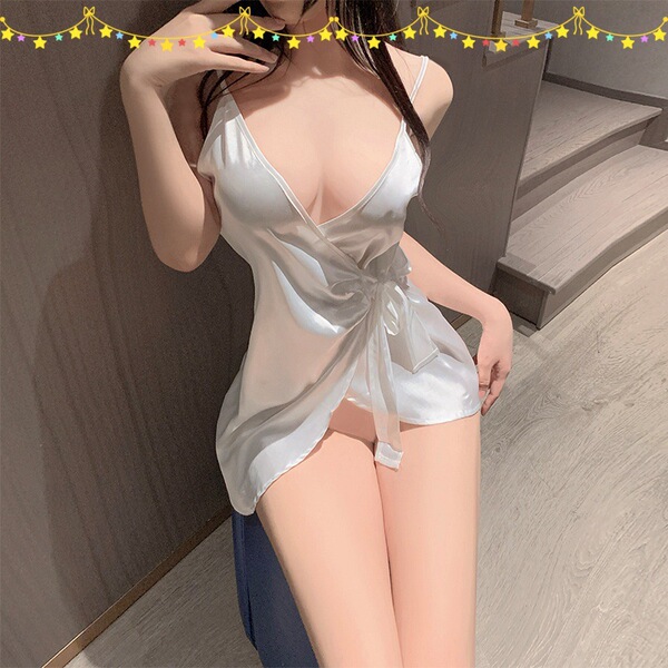 Seductive lace sleep dress featuring deep v-neck, sheer cutouts, and adjustable ties for a sexy silk-blend nightgown design.