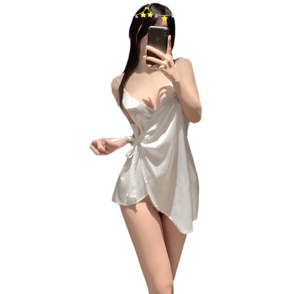 Seductive lace sleep dress featuring deep v-neck, sheer cutouts, and adjustable ties for a sexy silk-blend nightgown.