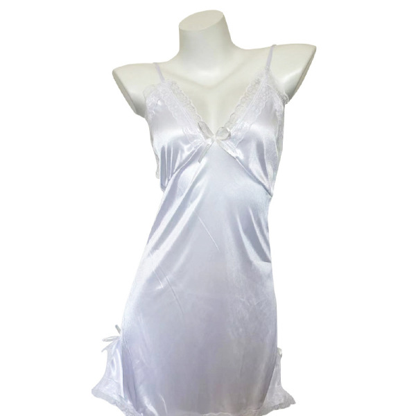 White satin sleep dress with lace trim and bow detail, sheer thin sexy lingerie for date night, no-remove design.