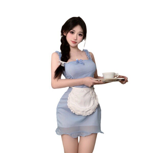 A woman wearing a light blue sheer lace apron and matching dress, holding a tray with a cup, styled as a seductive maid costu...
