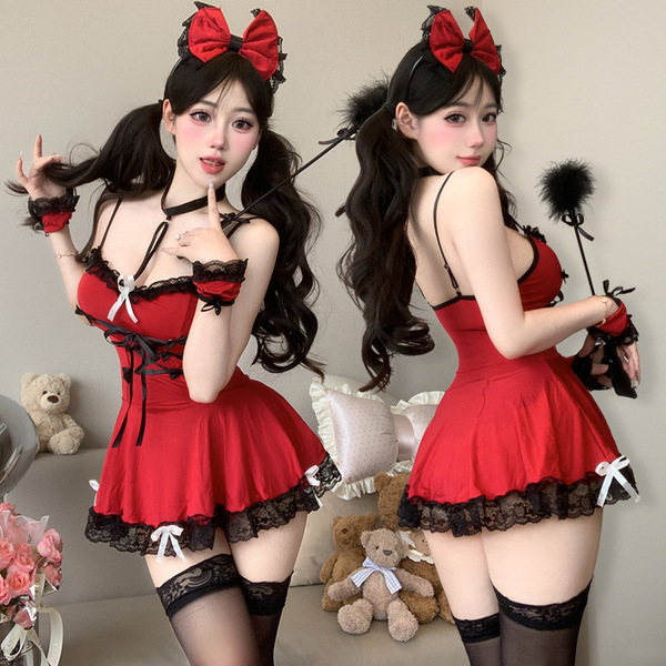 Seductive maid lingerie set featuring a red dress with lace details, black stockings, and playful accessories, perfect for pa...