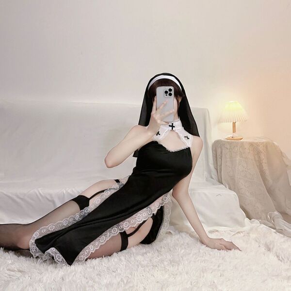 Seductive nun costume set - high-cut lingerie outfit for role play, couples intimacy & sensual dress-up