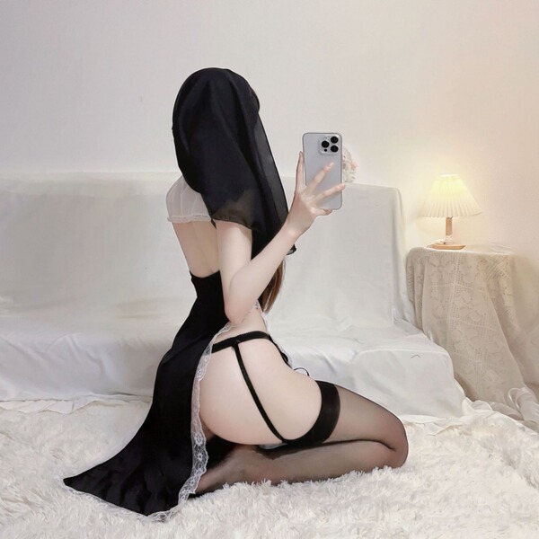 Seductive nun costume set - high-cut lingerie outfit for role play, couples intimacy & sensual dress-up