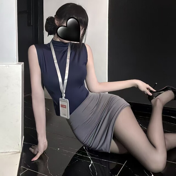 Seductive ol -inspired outfit featuring a navy bodice and gray skirt, perfect for office chic with a hint of allure.