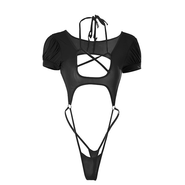 Seductive open-crotch bodysuit featuring ice-silk fabric, provocative design with crisscross straps, perfect for sexy lingeri...