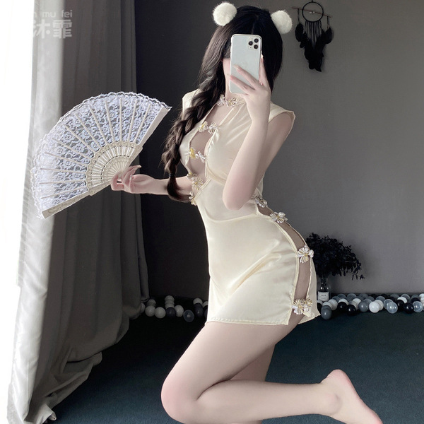 Seductive qipao-style lingerie sleepwear for women – high-slit, no-remove erotic nightwear, pure & tempting design