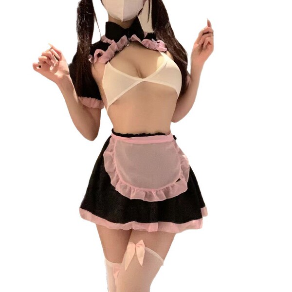 Woman in black and pink maid outfit with sheer apron, bow tie, and thigh-high stockings. seductive no-remove maid costume set...