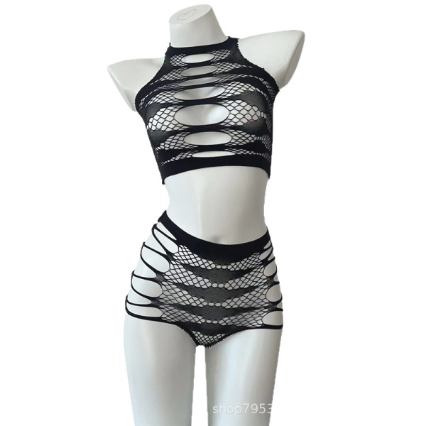 Seductive sheer mesh bodysuit for women, plus size open-crotch sensual lingerie set with cut-out details for intimate wear.