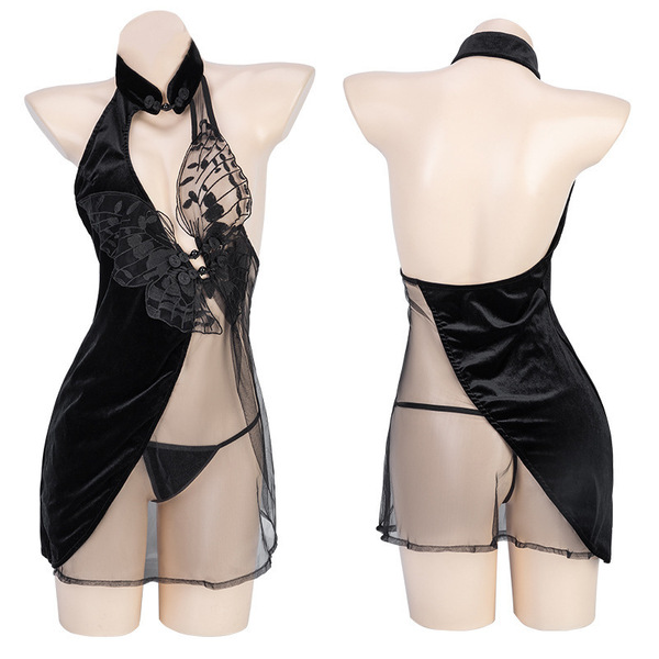 Seductive womens sheer cheongsam top with butterfly detail & tie-strap bodysuit set - lingerie outfit