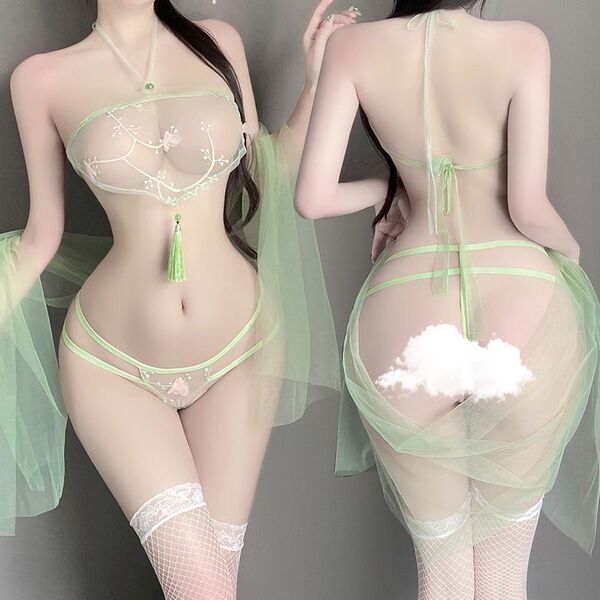 Sheer green hanfu lingerie set with mesh doudou, floral embroidery, and tassel detail for sensual roleplay.