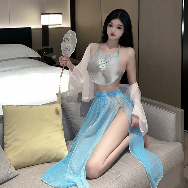 Sensual hanfu lingerie set featuring vintage chinese-inspired embroidery, elegant design, and provocative uniform style. perf...