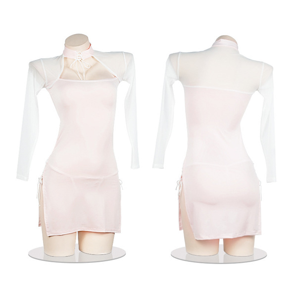 Sensual ice silk cheongsam lingerie for women - high-slit, sheer lace nightwear for bedroom allure