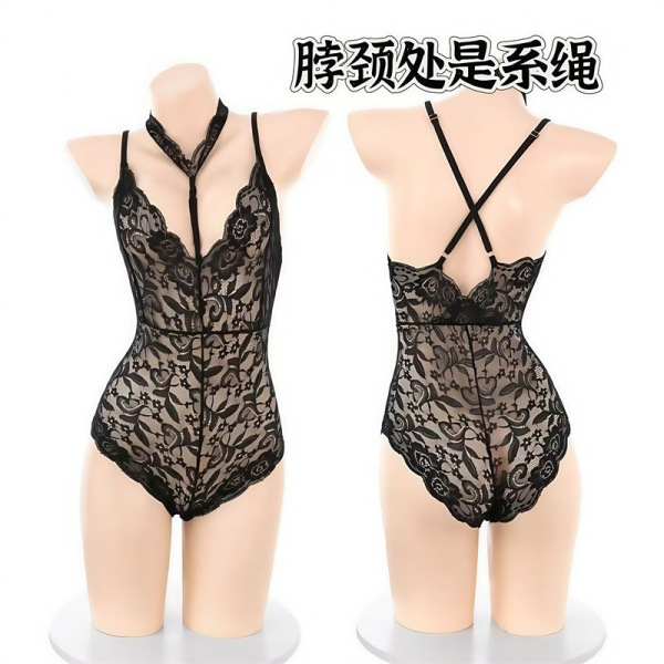Black lace bodysuit with floral pattern, front and back views, featuring adjustable straps and a deep neckline.