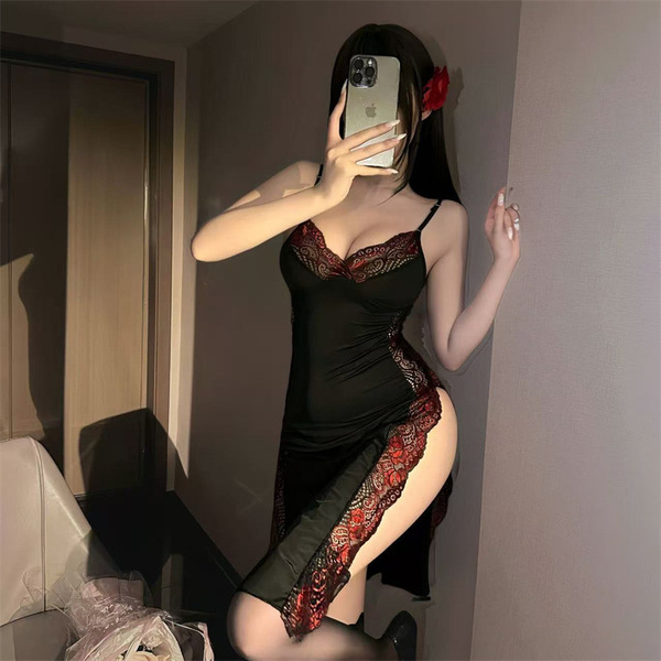 Sensual lace cami dress set featuring intricate red patterns, elegant design, perfect for sleepwear or evening wear. no-remov...