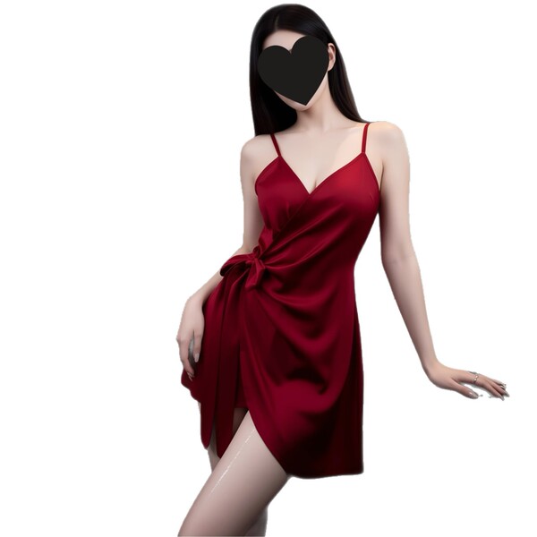 Sensual red satin nightgown with tie-front design and elegant cutouts, perfect for sleepwear comfort.