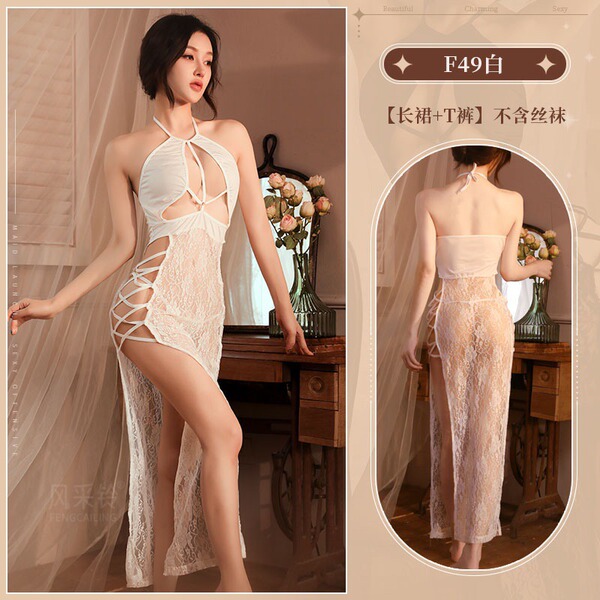 Lace Bodysuit Sleepwear Set - Sheer Sexy Split Long Dress & Cheongsam-Inspired Lace Nightgown - Sexy white + thong