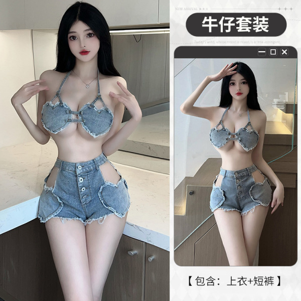 Qingruohan Sexy Lingerie Set – Passionate No-Remove Denim Short Panty Costume for Bedroom Play & Roleplay - Full set