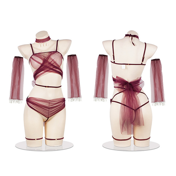 Sexy ancient chinese style lingerie set - hanfu-inspired sleepwear & bedroom costume for women, featuring elegant maroon mesh...
